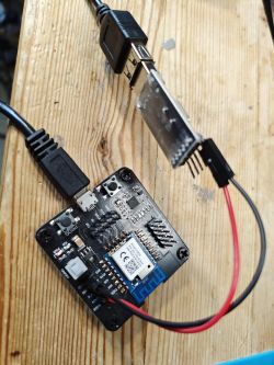 Developer board with an inserted module and a connected USB cable.