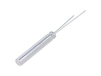 Metal cylindrical component with two thin wires at one end.