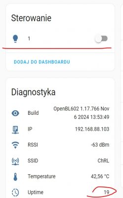Screenshot displaying the control and diagnostics panel for the MagicHome module with BL602.