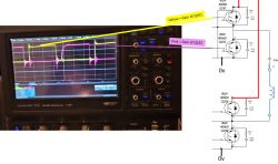 Oscilloscope displaying signals on transistor gates in an electronic circuit.