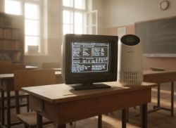 Old CRT monitor and modern device on wooden desk in classroom
