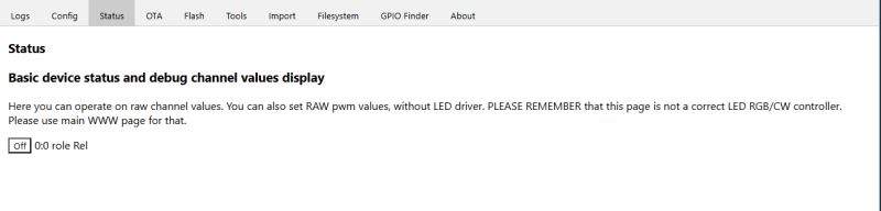 Device status interface with “Off” button for channel 0:0 role relay