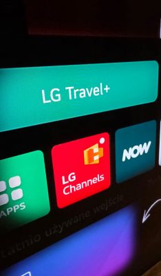 Zbliżenie ekranu telewizora LG z widocznymi pionowymi liniami i ikonami aplikacji.