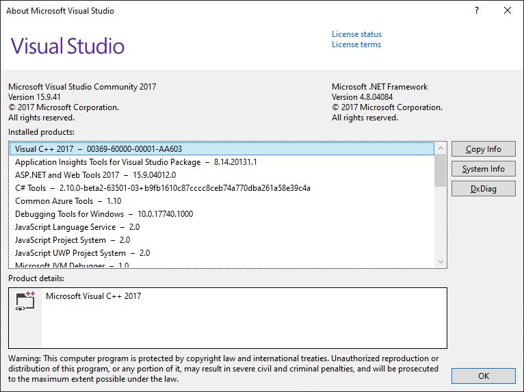About window of Visual Studio Community 2017 with list of installed components