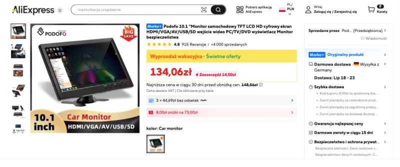 AliExpress product page screenshot for a Podofo 10.1-inch car monitor priced at 134.06 zł.