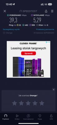 Zrzut ekranu testu prędkości internetu na 5G Orange, pokazujący wyniki 39,3 Mb/s pobierania i 5,29 Mb/s wysyłania.