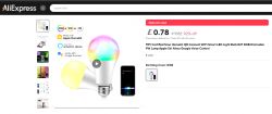 Promotion of an RGBW LED bulb compatible with HomeKit, Alexa, and Google Assistant on AliExpress.