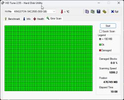 Zrzut ekranu z programu HD Tune przedstawiający wyniki testu Error Scan dla dysku NVMe Kingston KC2500 500 GB – wszystkie bloki są oznaczone na zielono.