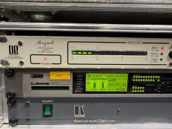 Front panel kodera stereo DB Mozart w racku, z podświetlonymi wskaźnikami i diodami MPX