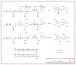 Schemat elektroniczny z trzema torami pomiarowymi napięcia i filtrowaniem dolnoprzepustowym, zbudowany z układów OP07 oraz kondensatorów i rezystorów.