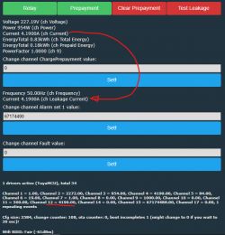 Interface Showing Current_div1000 Channel Type Issue Screenshot of an interface displaying voltage, current, energy, and frequency values with a noted issue in leakage current.