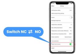 Avatto App Settings on Smartphone Smartphone settings screen for an app allowing switching logic between normally closed and normally open.