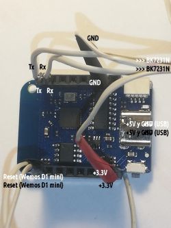 BK7231N Chip Circuit Board for Testing Circuit board with BK7231N chip, soldered wiring, and labeled connections Tx, Rx, GND, and voltage points.