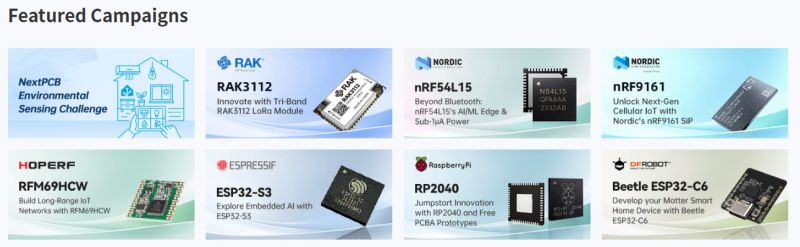 Collection of eight tech campaign tiles featuring various IoT chips and modules