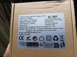 Label on a box with information about the electricity energy monitor model PJ-1103AN.