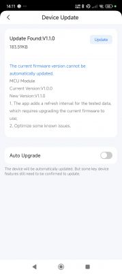 Screenshot of a firmware update window displaying information about a new MCU version (V1.1.0).