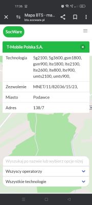 Zrzut ekranu z mapą BTS T-Mobile w miejscowości Podawce.