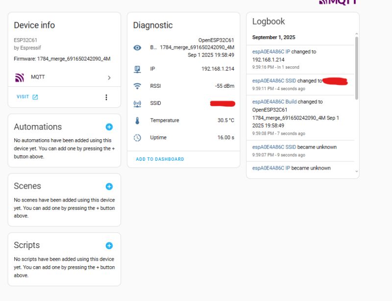 User interface of the ESP32C61 monitoring system showing diagnostics and event log.