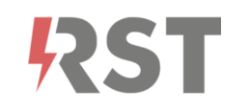 Logo firmy RST z czerwonym symbolem błyskawicy w literze R na białym tle