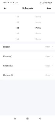 Schedule screen in a mobile app with time set to 14 hours and 17 minutes, and options for repeat and three channels.
