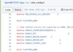 Screenshot of obk_config.h configuration file Screenshot of the obk_config.h file from the OpenBK7231T_App project on GitHub, showing preprocessor definitions.