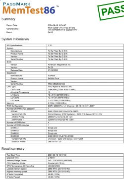 Zrzut ekranu wyników testu pamięci RAM w programie MemTest86 z wynikiem pozytywnym.