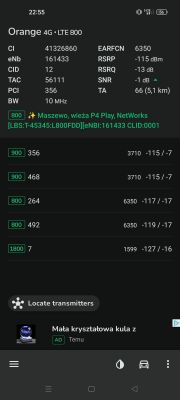 Zrzut ekranu z aplikacji HManager pokazujący parametry sieci LTE Orange na częstotliwości 800 MHz.