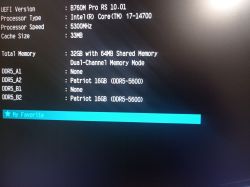 Ekran BIOS z pamięcią DDR5 ustawioną na 5600 MHz dla dwóch modułów Patriot 16 GB