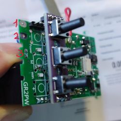 Close-up of a GR2PW circuit board with three red-labeled points marked 1, 2, 3 on the edge.