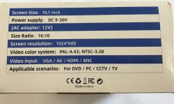 Specification table on a 10.1-inch monitor box, listing DC 9–30 V power and HDMI/VGA/BNC inputs