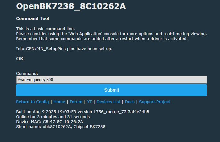 OpenBK7238 interface displaying PWM frequency set to 500 Hz Screenshot of OpenBK7238 interface showing PwmFrequency 500 command submitted