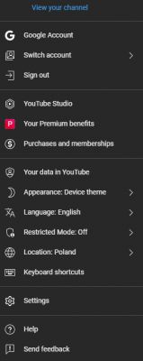 Menu ustawień YouTube z różnymi opcjami, takimi jak konto Google, zmiana języka i ustawienia.