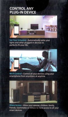 Packaging showing graphics of remote control of devices via Wi-Fi.