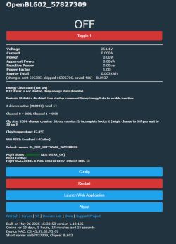 Screenshot of OpenBL602 device interface showing OFF status and detailed technical data.