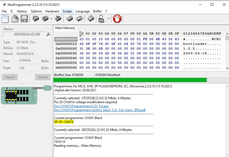 Screenshot of NeoProgrammer showing SPI NOR Flash memory contents