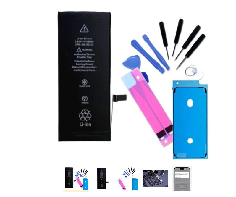 iPhone Battery Replacement Kit iPhone battery replacement kit with screwdrivers and tools.