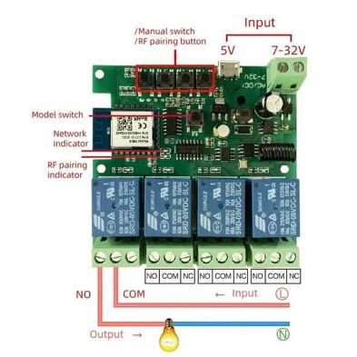 Electronic module with labeled components and indicators.