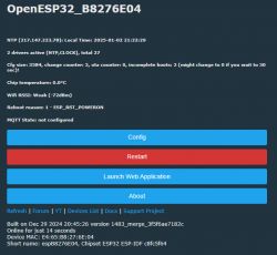 User interface of OpenESP32 device showing system information and configuration options.