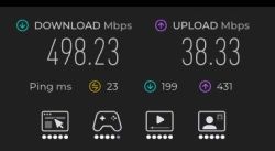 Wynik Speedtest: pobieranie 498,23 Mb/s, wysyłanie 38,33 Mb/s, ping 23 ms.