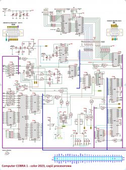 Schemat elektroniczny komputera COBRA 1 - color 2023 przedstawiający połączenia oraz rozmieszczenie podzespołów części procesorowej.