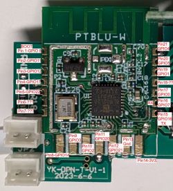 PTBLU-W Wifi Module on EAKCB-EWE-M Board – Top View Close-up of a printed circuit board with a mounted PTBLU-W wifi module, visible pins and electronic components.