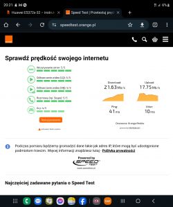Zrzut ekranu z testu prędkości internetu Orange Mobile.
