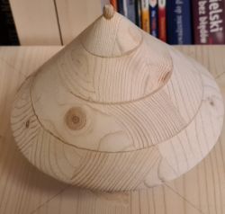 Holzkonstruktion Kegel Holzkegel mit sichtbaren Schichten vor einem Bücherhintergrund.