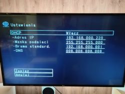 Konfiguracja DHCP na ekranie telewizora, z informacjami o adresie IP, masce podsieci, bramie standardowej i DNS.