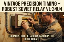 Man adjusts Soviet VL-34U4 relay on wall-mounted panel in industrial workshop setting