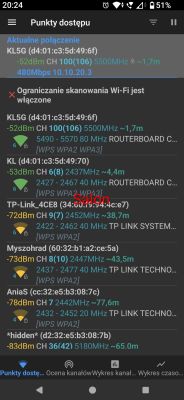 Zrzut ekranu aplikacji pokazujący listę dostępnych sieci Wi-Fi i ich parametry techniczne
