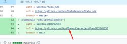 Screenshot of a Git diff adding a submodule entry, with a red arrow pointing to a GitHub URL