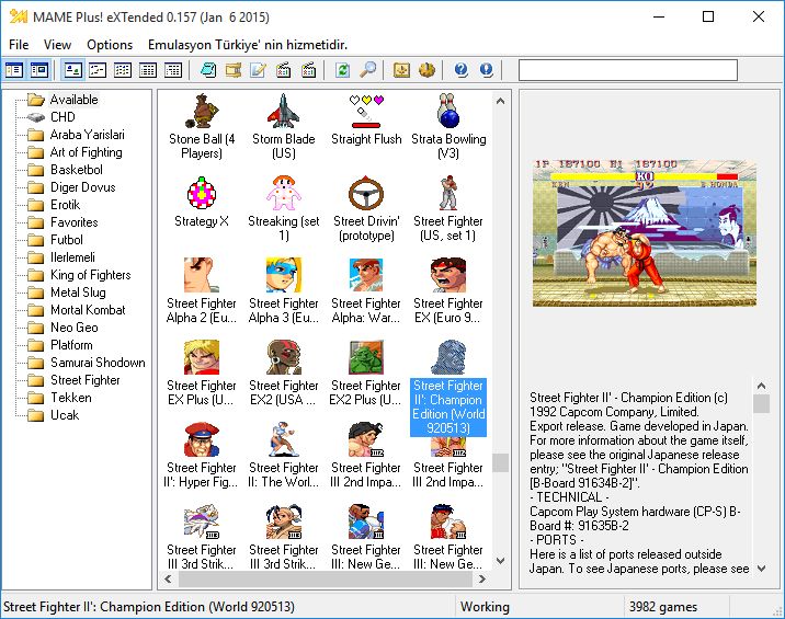 Screenshot of the MAME Plus! eXtended interface showing a list of games with Street Fighter II: Champion Edition highlighted.
