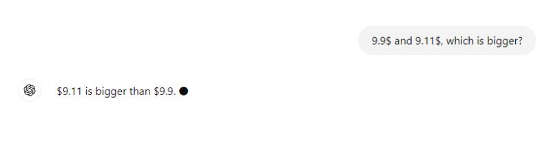 Zrzut ekranu rozmowy między użytkownikiem a modelem językowym pokazujący błędną odpowiedź matematyczną dotyczącą porównania liczb 9.9$ i 9.11$.