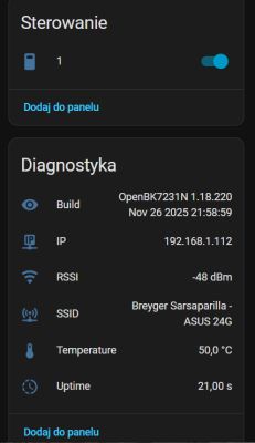 OpenBK7231N diagnostics panel showing network info and device temperature